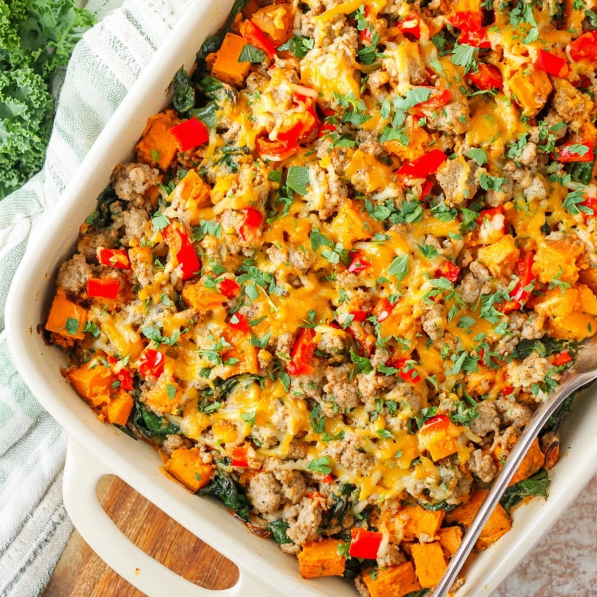 Golden ground turkey sweet potato bake casserole with melted cheddar cheese topping and fresh parsley garnish in a baking dish