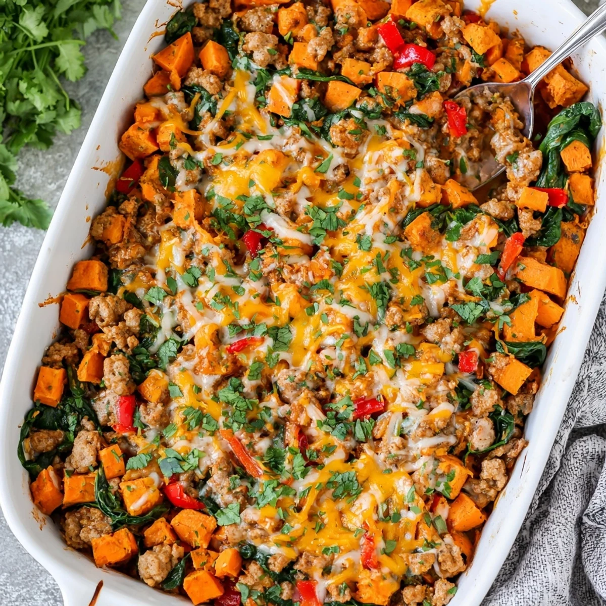 Hearty gluten-free ground turkey sweet potato bake featuring tender diced potatoes, seasoned turkey, and colorful vegetables bubbling hot