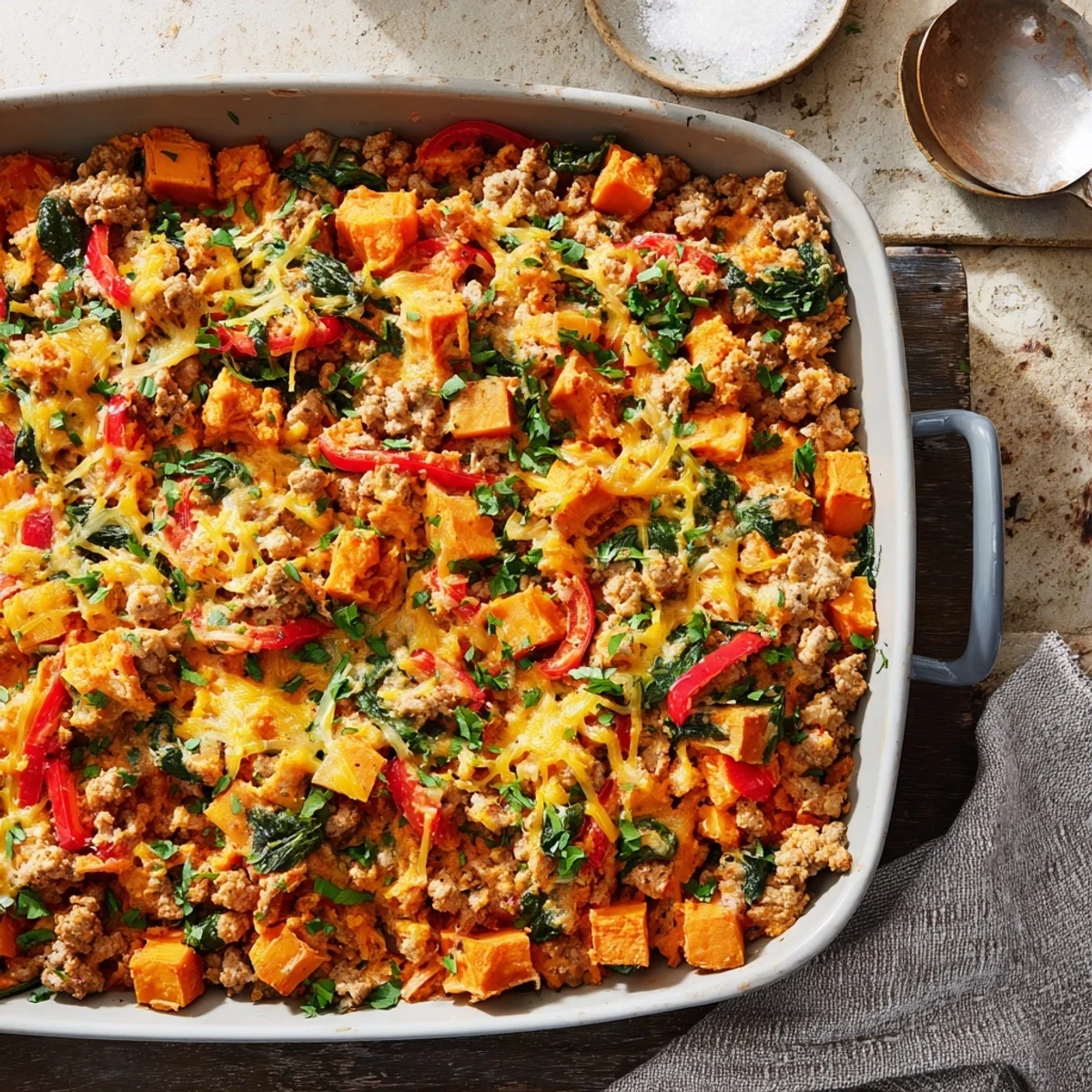 Family-style ground turkey sweet potato bake with cheesy crust, red bell pepper, spinach, and savory spices served warm