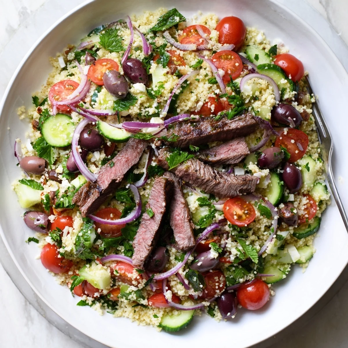 Sliced smoky grilled skirt steak resting atop vibrant couscous salad tossed with crisp vegetables and fresh herbs