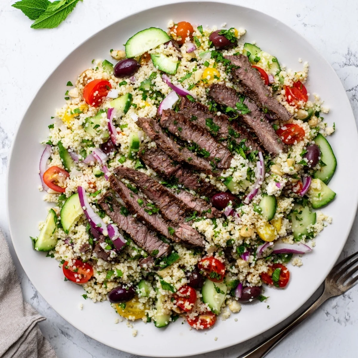 Mediterranean grilled skirt steak couscous salad topped with juicy tomatoes cucumbers olives and zesty lemon dressing