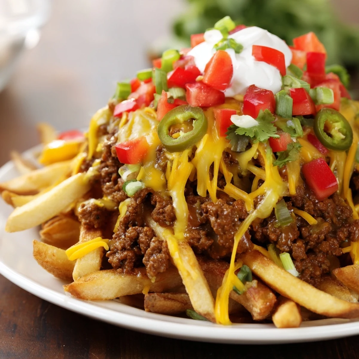 Loaded taco beef fries topped with fresh tomatoes, sour cream, and green onions