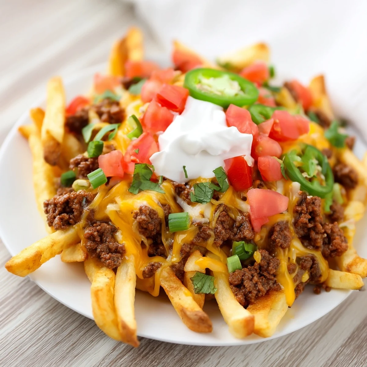 Oven-baked french fries loaded with spiced ground beef, Monterey Jack, and guacamole