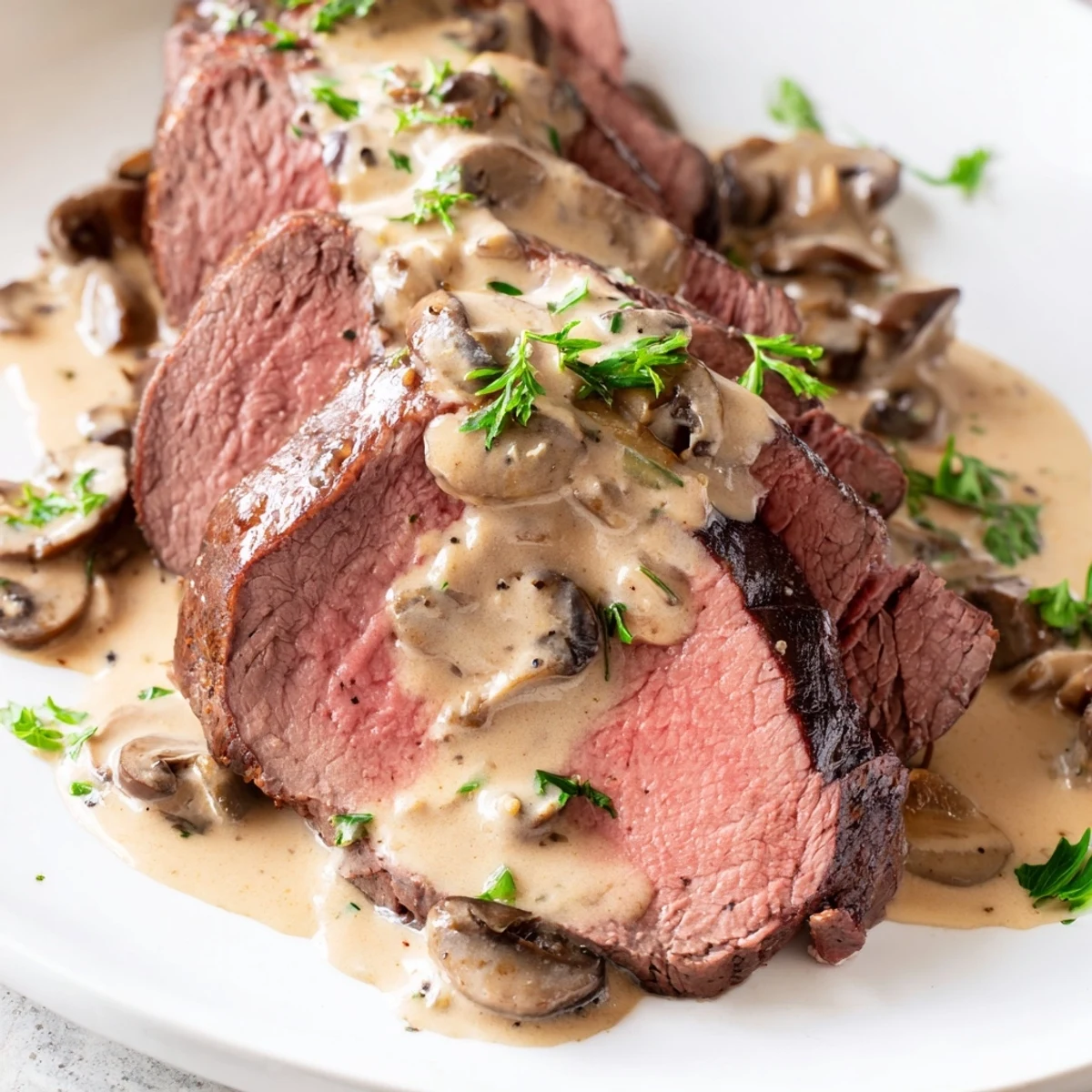 Juicy medium-rare tenderloin roast topped with rich creamy mushroom sauce and fresh parsley garnish