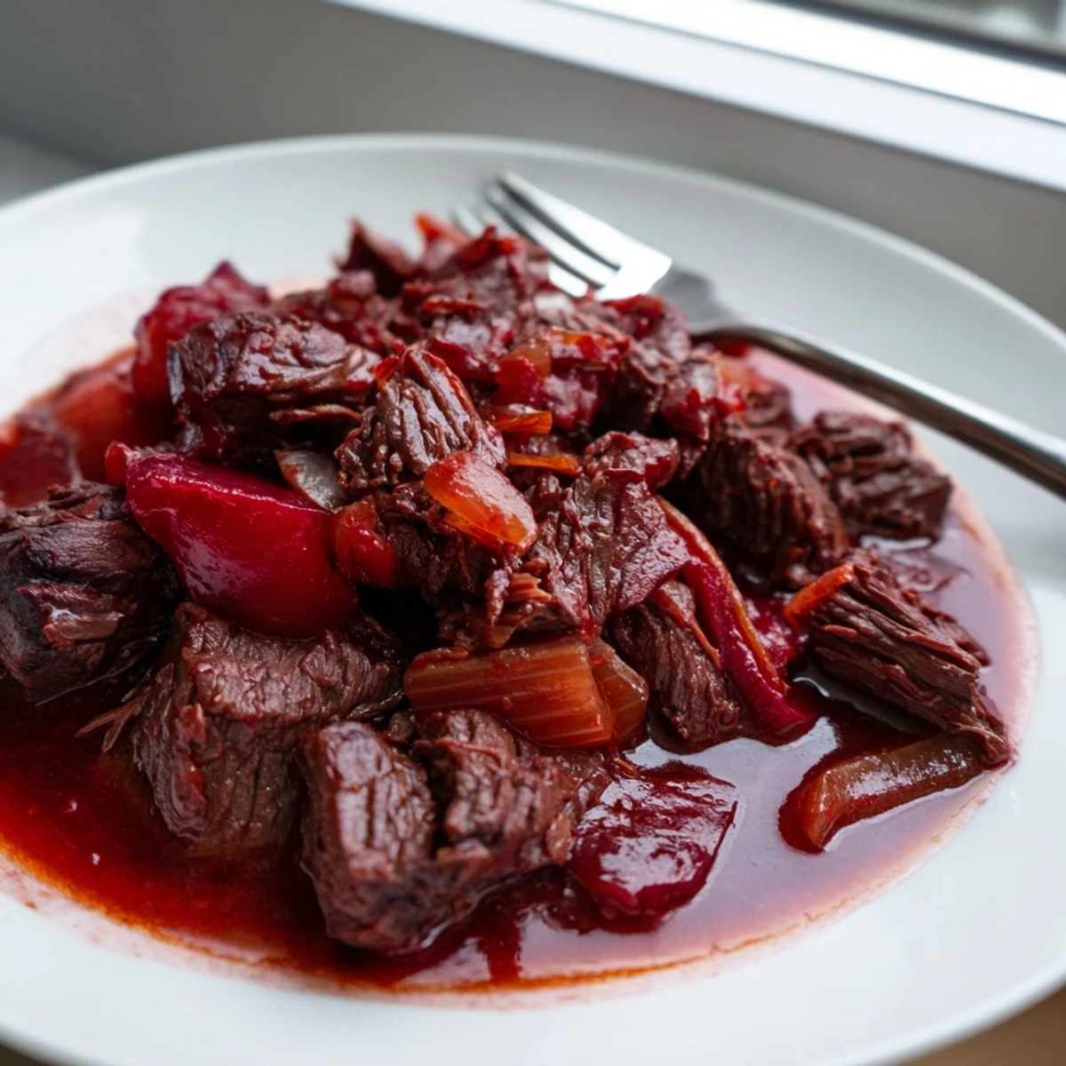 Fork-tender red grape juice braised chuck roast served with tender carrots and celery in a rich dark purple sauce