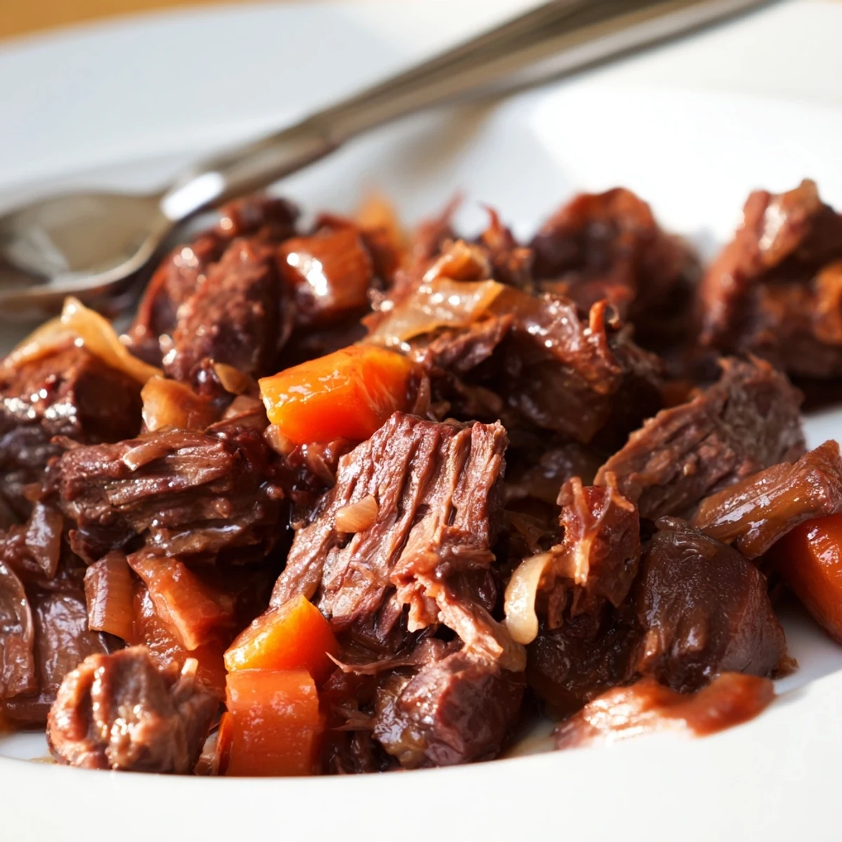 Succulent beef chuck roast slowly braised in red grape juice with aromatic vegetables, ready to shred with a fork