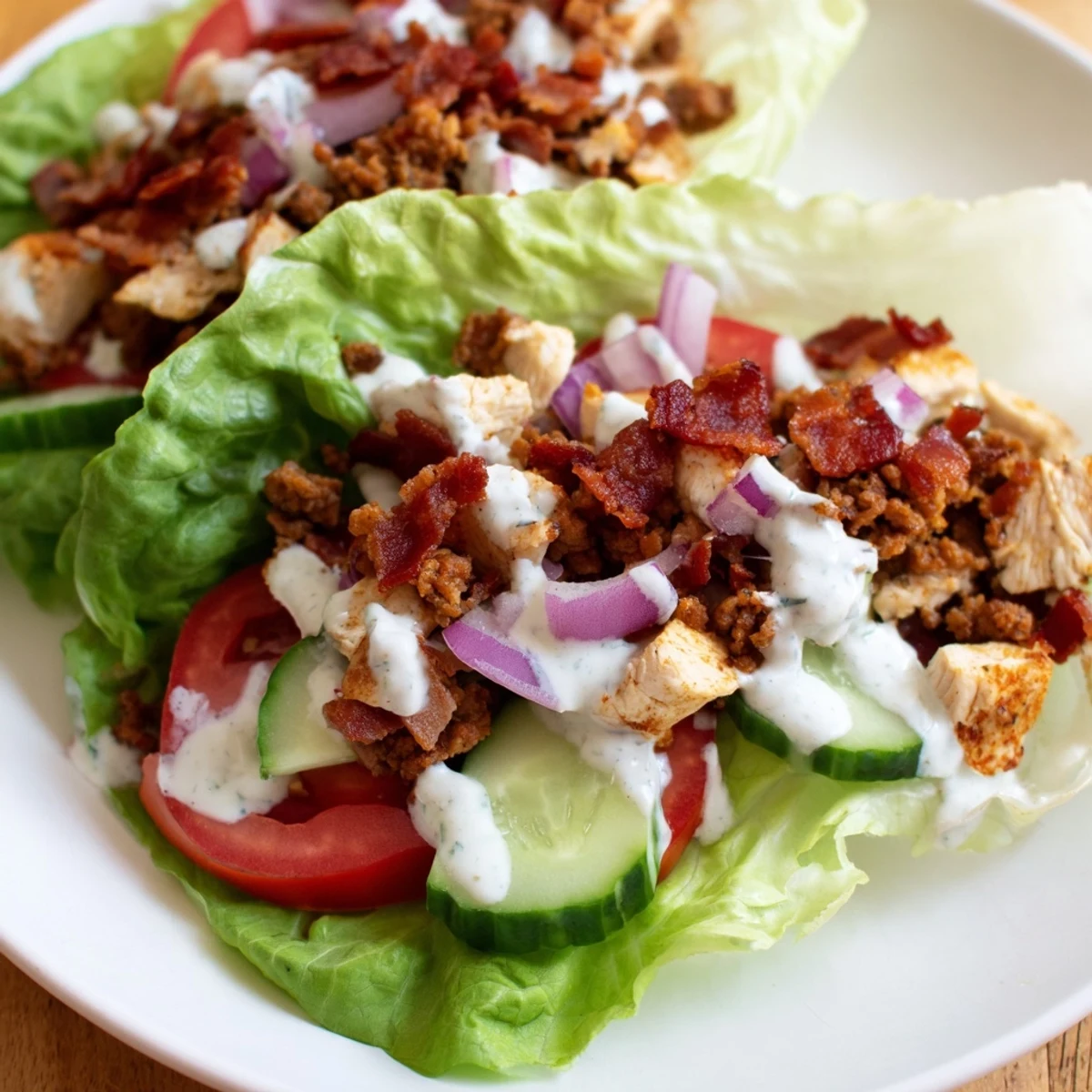 Crispy bacon, seasoned chicken and beef lettuce wraps drizzled with creamy ranch dressing