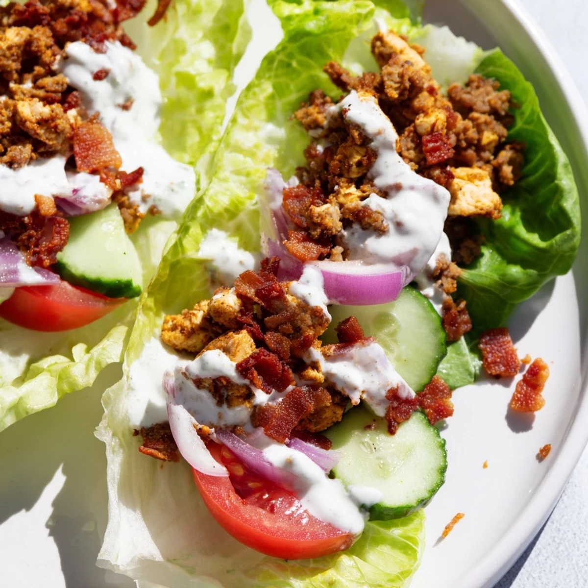Hearty lettuce wraps filled with juicy meats, crunchy vegetables and cool homemade ranch