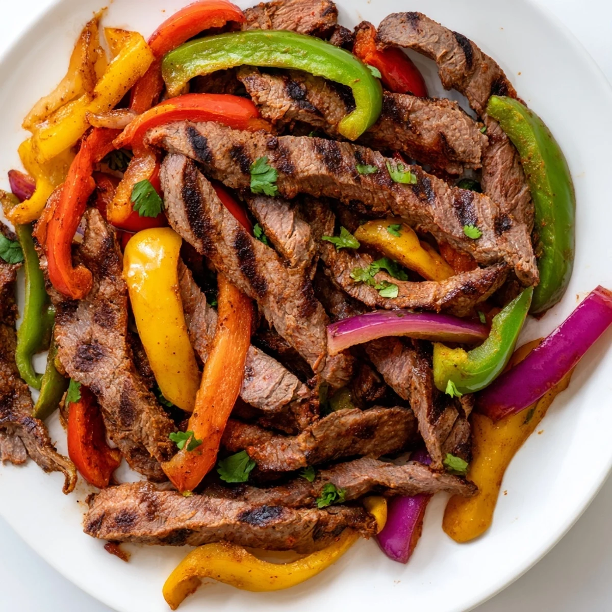 Vibrant grilled steak fajitas featuring tender marinated steak strips against charred red yellow and green bell peppers with fresh cilantro garnish and lime wedges