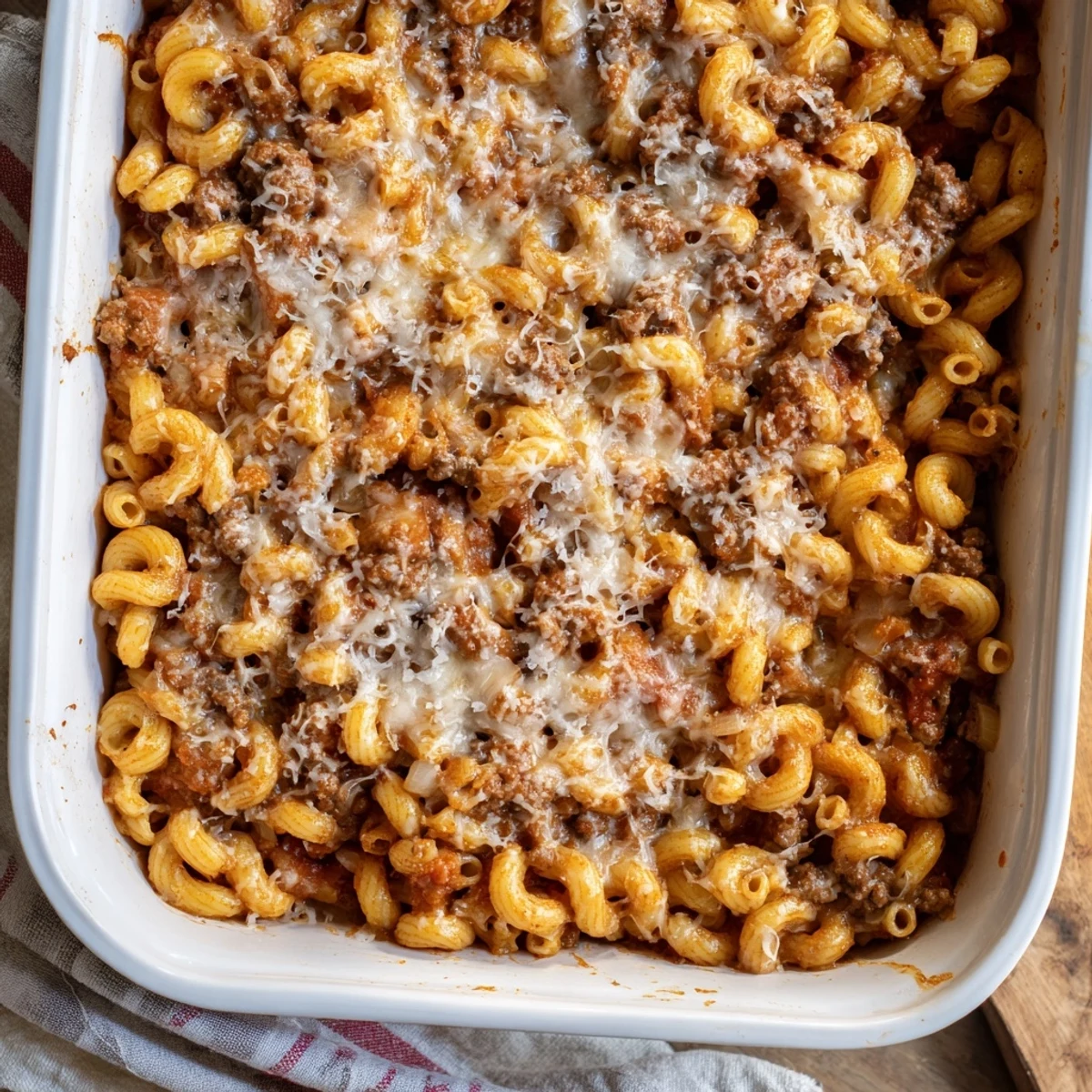 Golden baked Garlic Butter Beefaroni topped with melted mozzarella and Parmesan cheese