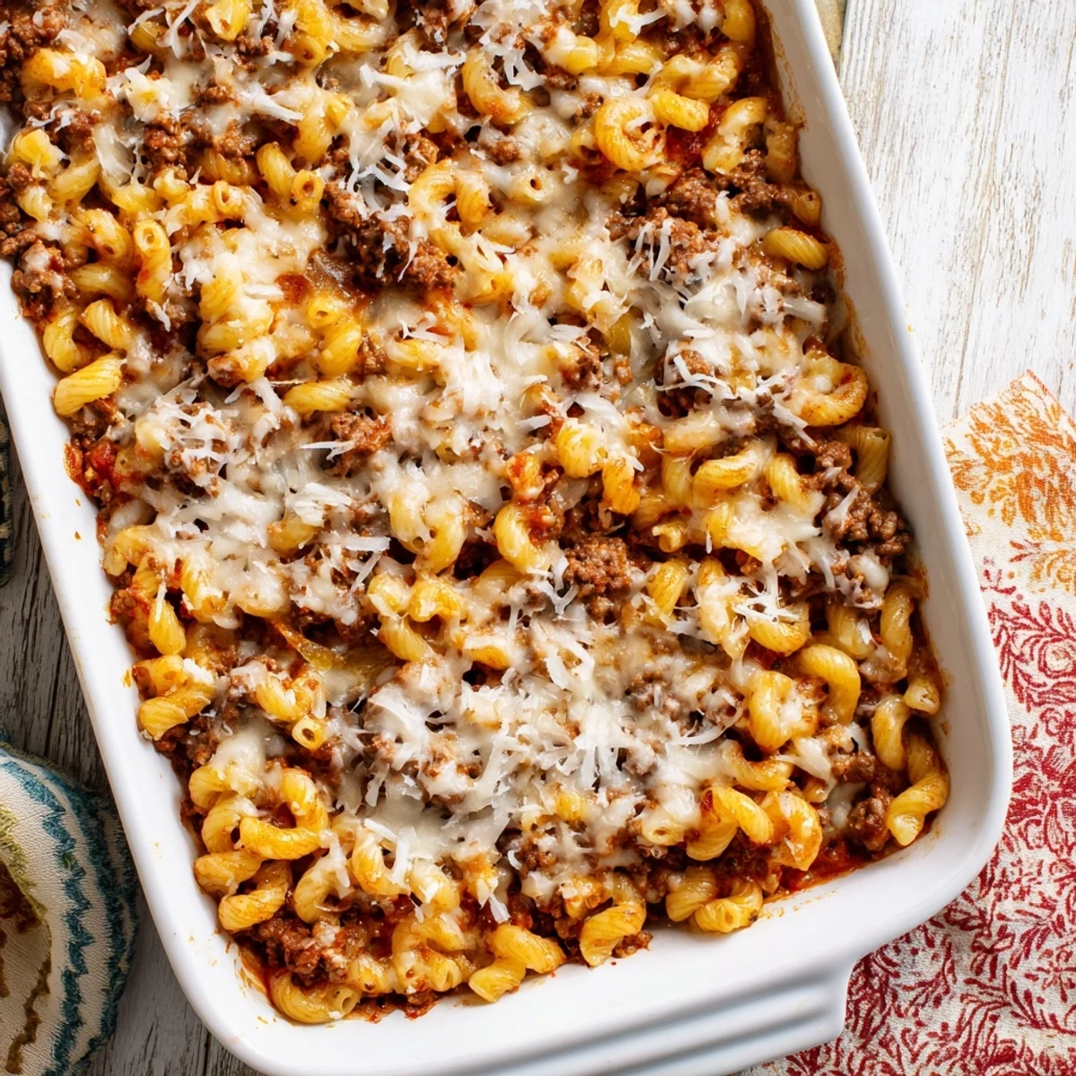 Savory garlic butter ground beef and macaroni casserole with bubbly cheese topping