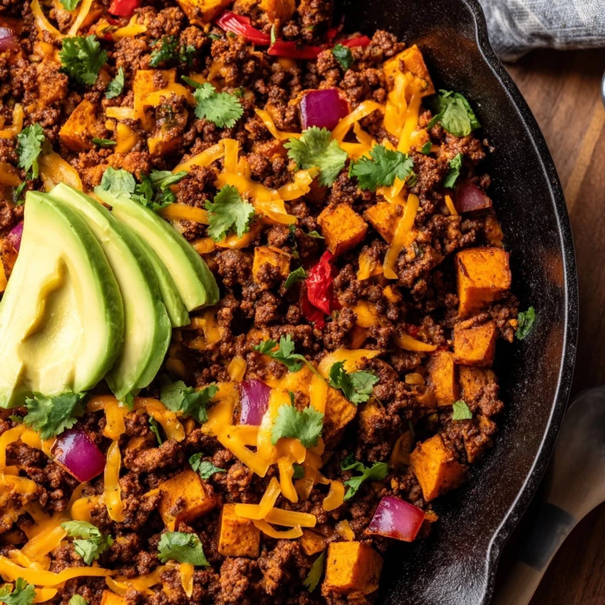 Hearty one-pan Southwest ground beef and sweet potato skillet garnished with fresh cilantro and creamy avocado