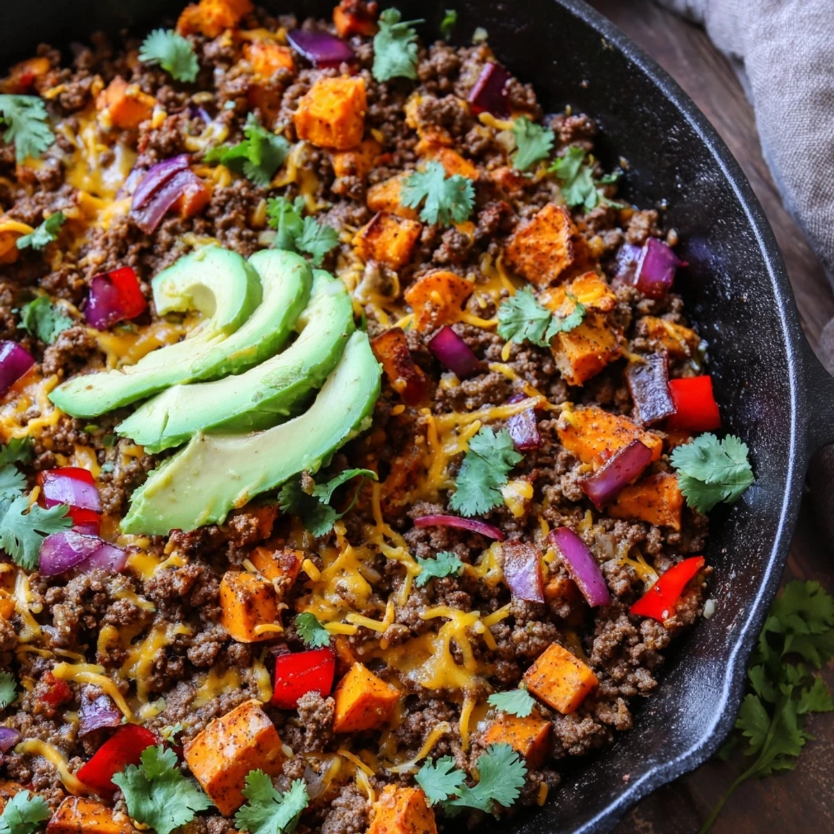 Golden browned Southwest ground beef and sweet potato skillet featuring tender vegetables and bold spices