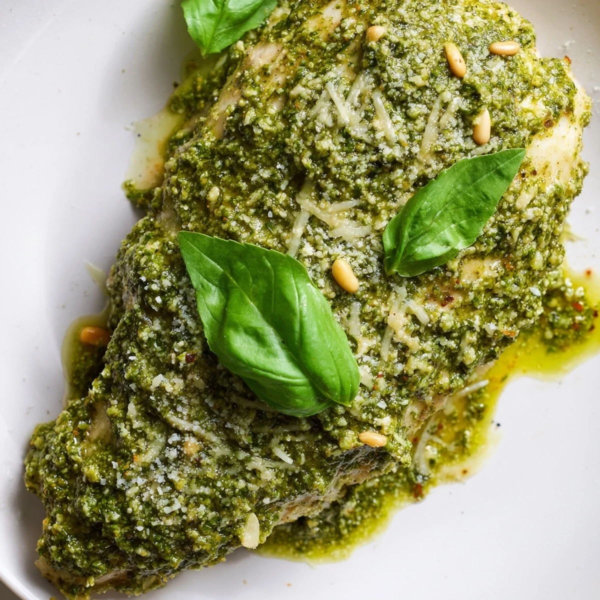 Juicy oven-baked chicken smothered in zesty lemon basil pesto with parmesan cheese
