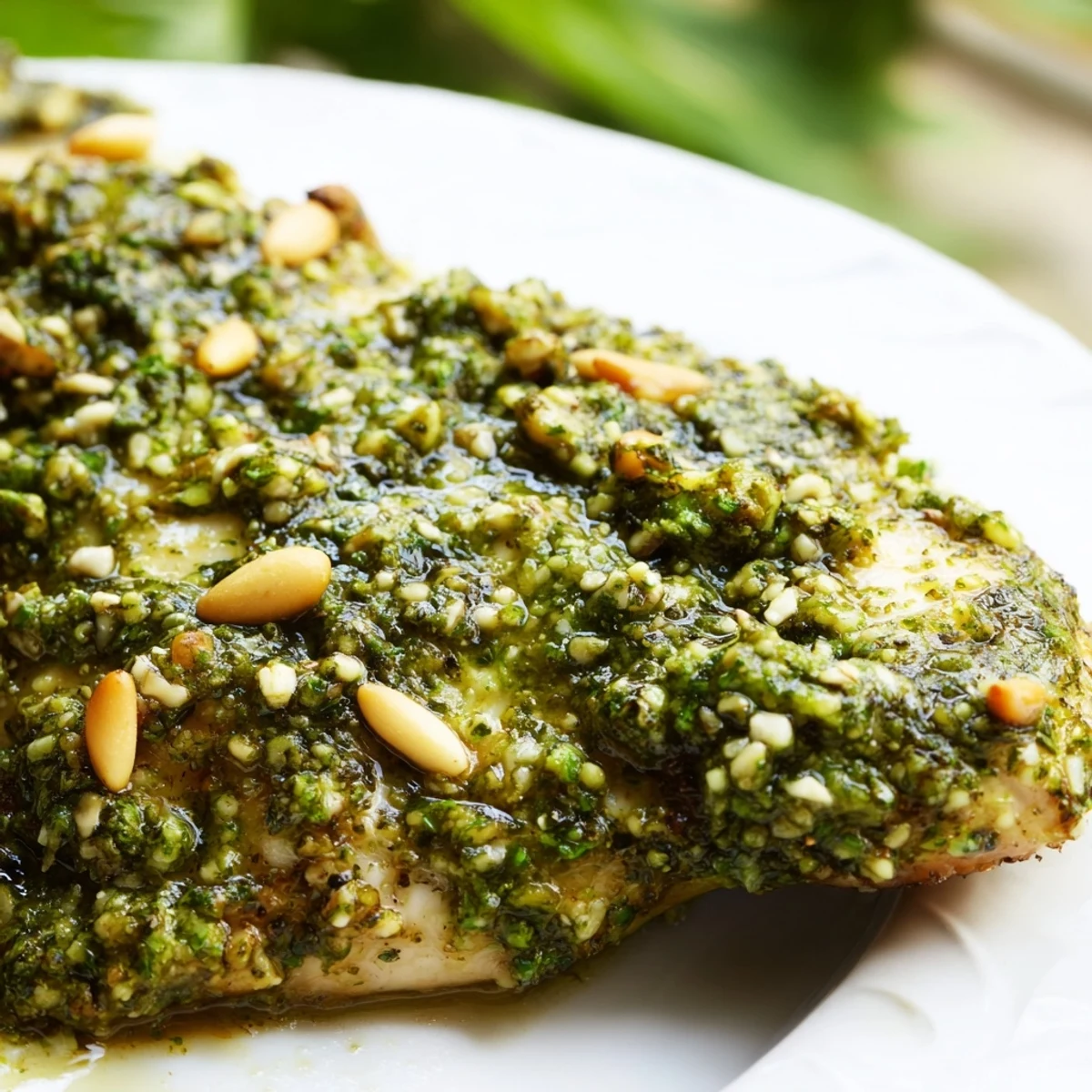 Tender lemon basil pesto chicken served with fresh basil and lemon slice garnish