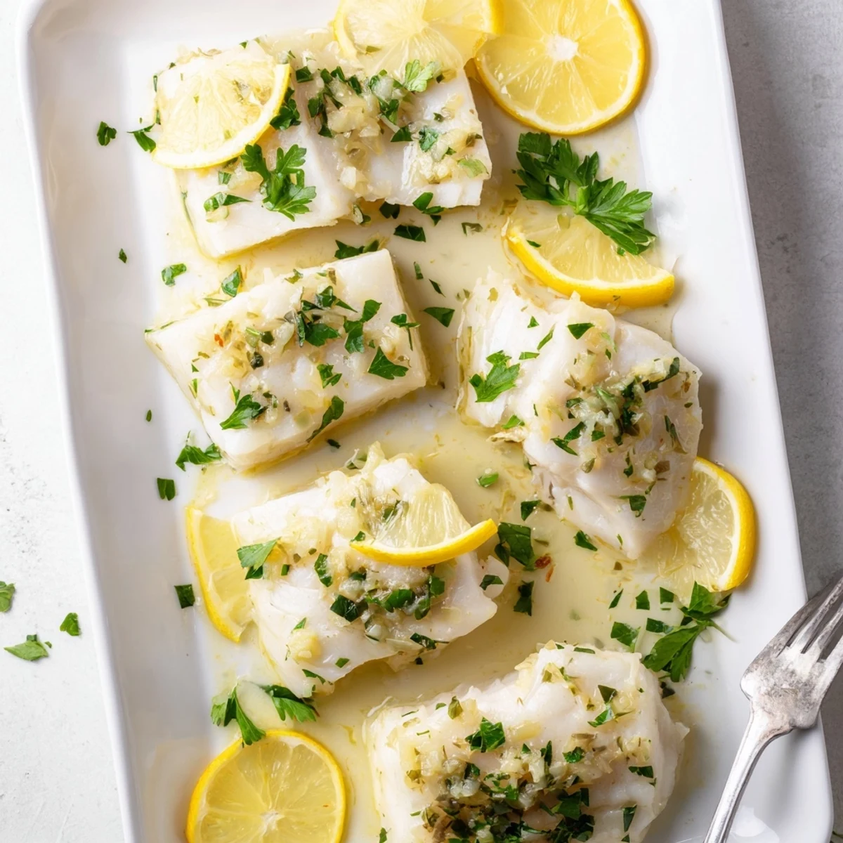 Golden baked cod fillets drizzled with zesty lemon garlic butter sauce and fresh parsley