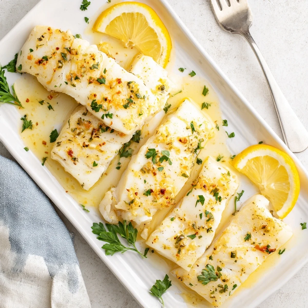 Mediterranean style cod fillets baked in bright lemon garlic butter until perfectly opaque and moist