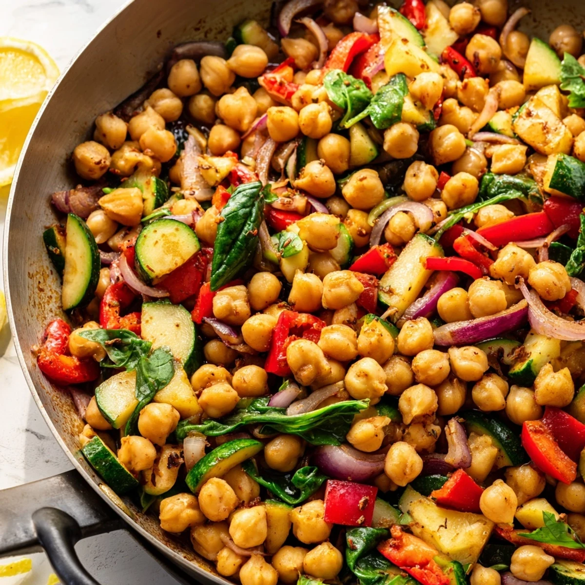 Protein-packed chickpea lemon skillet featuring spinach, bell peppers, and zesty citrus flavors