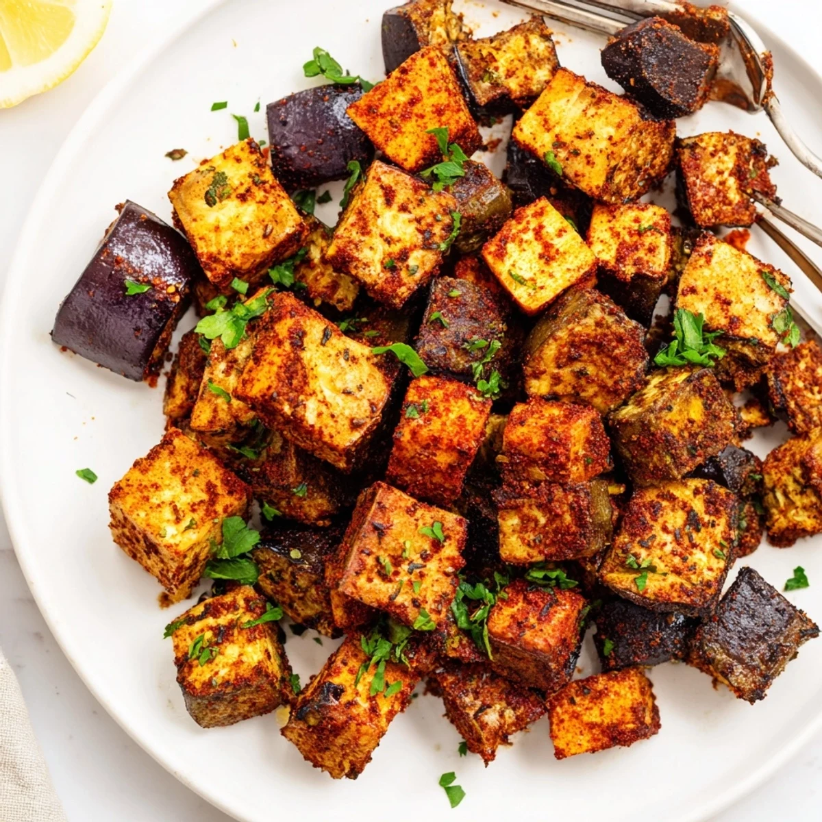 Golden brown low calorie air fryer eggplant cubes with crispy edges and tender centers