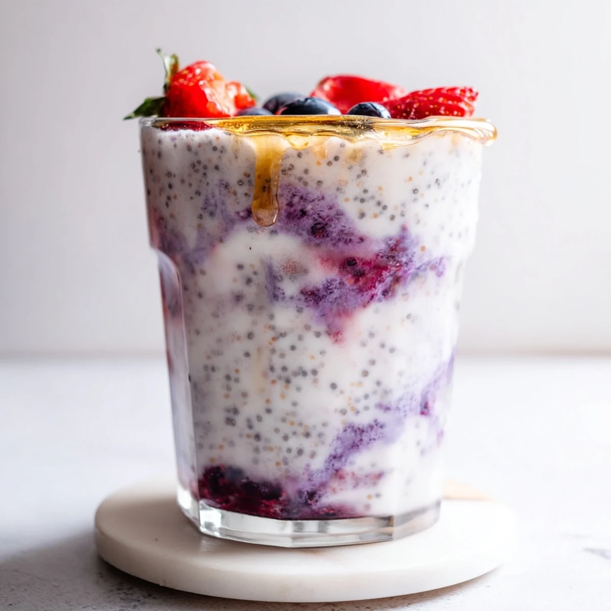 Creamy Greek yogurt breakfast smoothie blended with mixed berries and banana in a tall glass