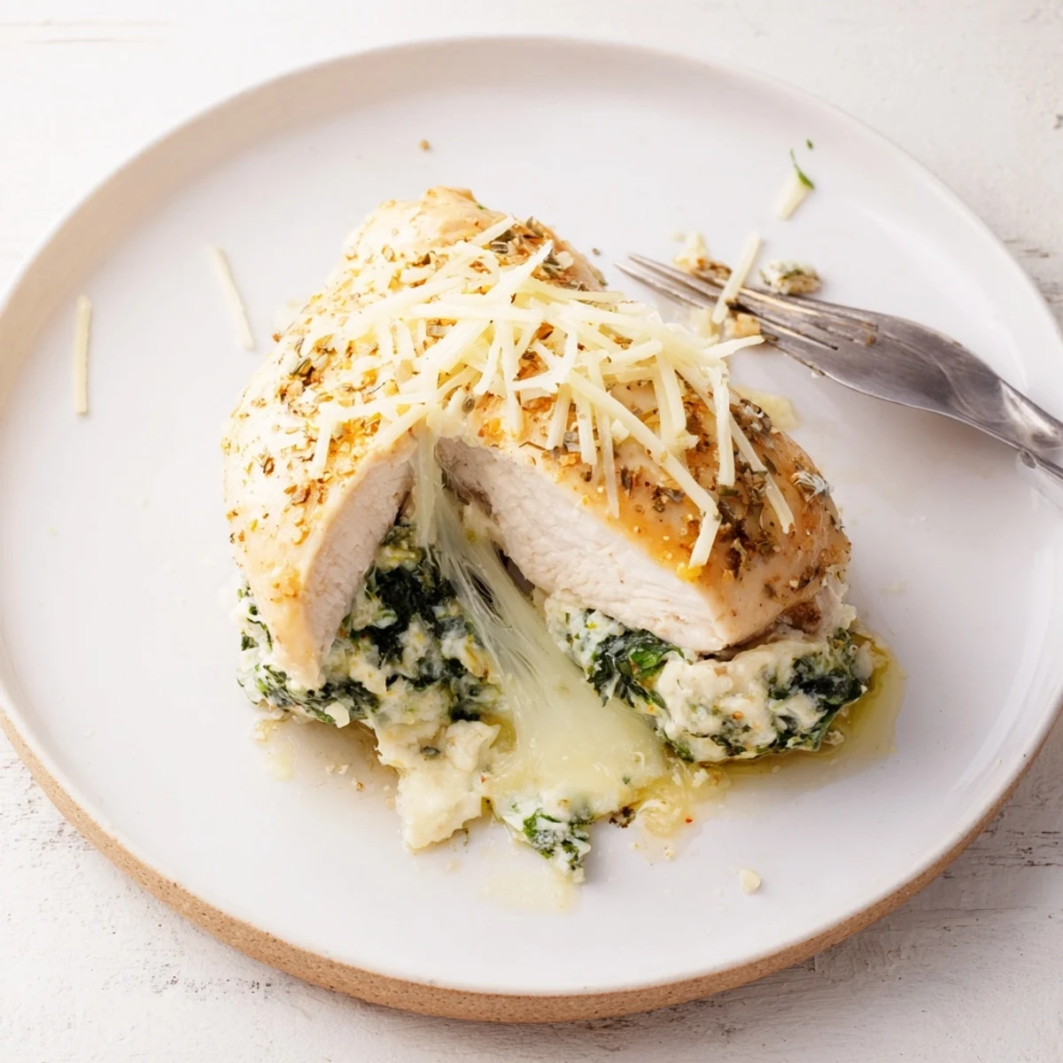 Italian-style baked ricotta chicken plated with fresh basil garnish and golden cheese crust