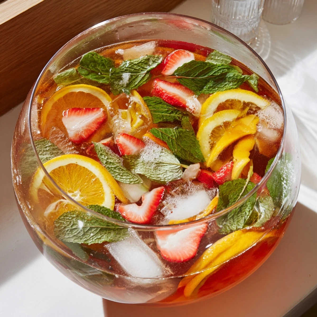 Festive spring Easter punch displaying layered fruit juices with lemon and strawberry accents