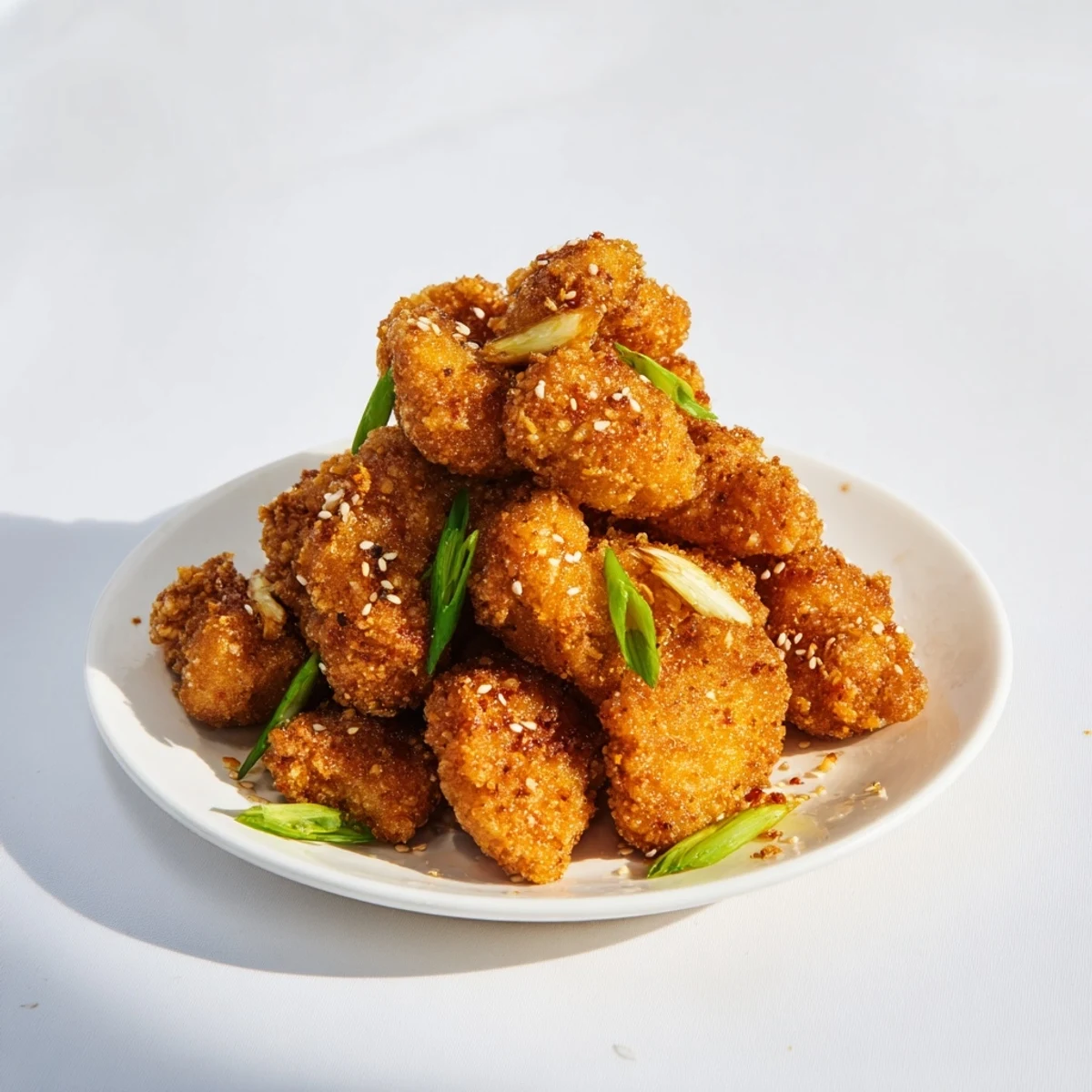 Golden brown crispy Hawaiian Mochiko Chicken pieces garnished with fresh green onions and sesame seeds