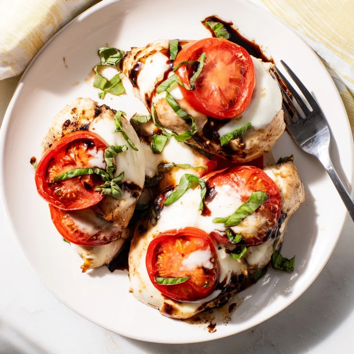 Baked chicken breast with mozzarella cheese drizzled with tangy balsamic and garnished with basil