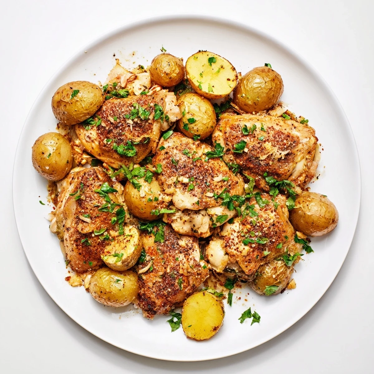 Family style Garlic Parmesan Chicken and Potatoes fresh from the oven with parsley garnish