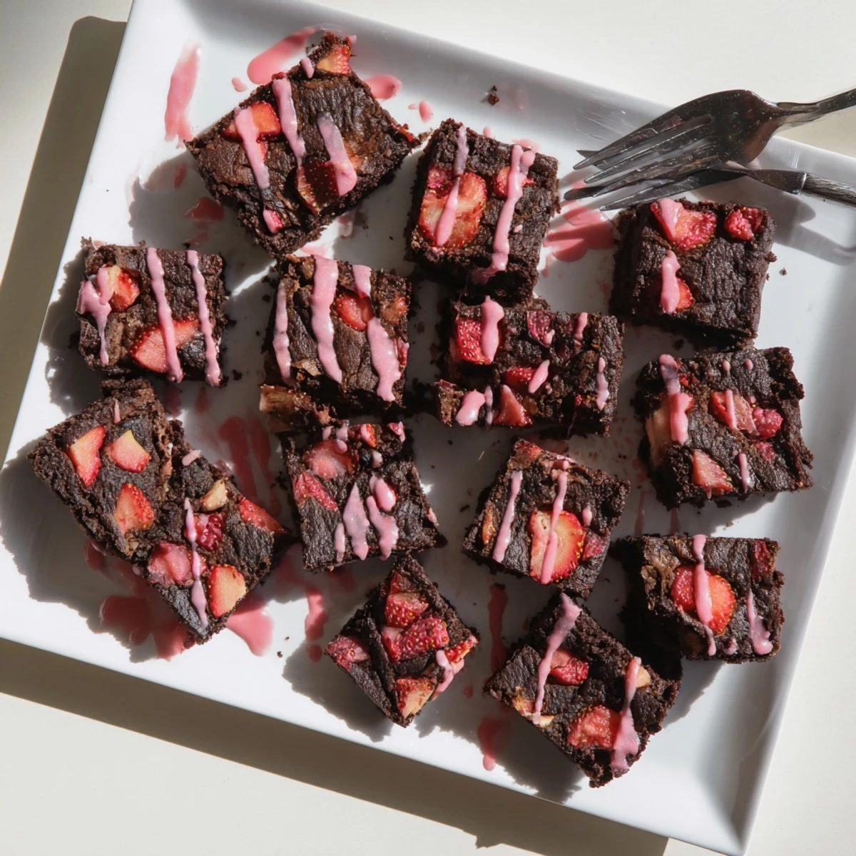 Fudgy easy strawberry brownies topped with sweet pink glaze on a white plate