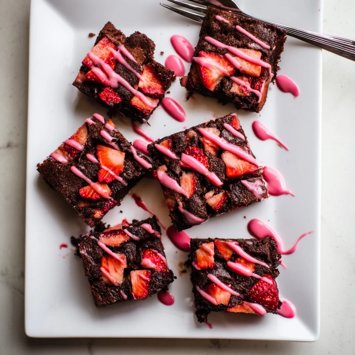 Homemade easy strawberry brownies with juicy red fruit swirls on a cutting board