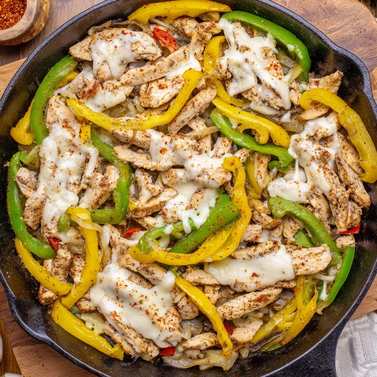 Savory chicken cheesesteak skillet sizzling in a cast iron pan with colorful bell peppers