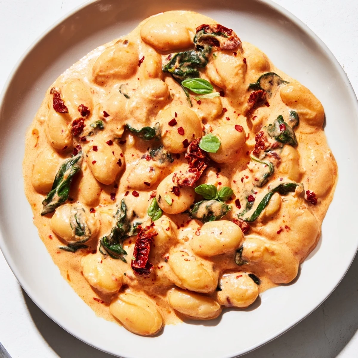 Mediterranean-style butter beans coated in velvety Greek yogurt tomato sauce topped with vibrant greens