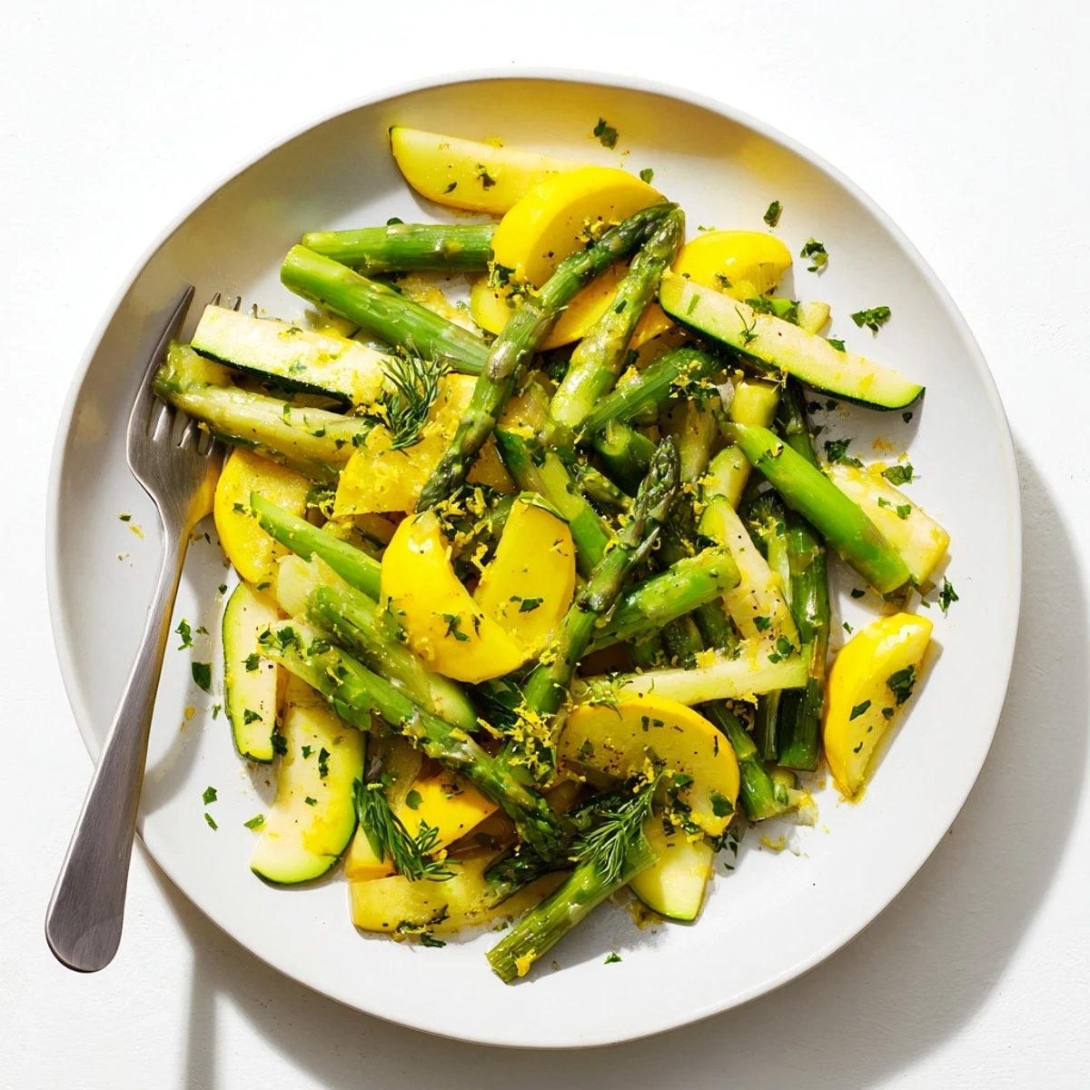 Vibrant flavorful asparagus with zucchini and squash sautéed with garlic in a large skillet