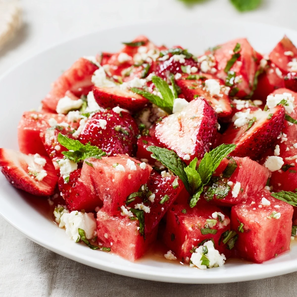 Fresh strawberry watermelon salad drizzled with tangy honey lime vinaigrette and mint