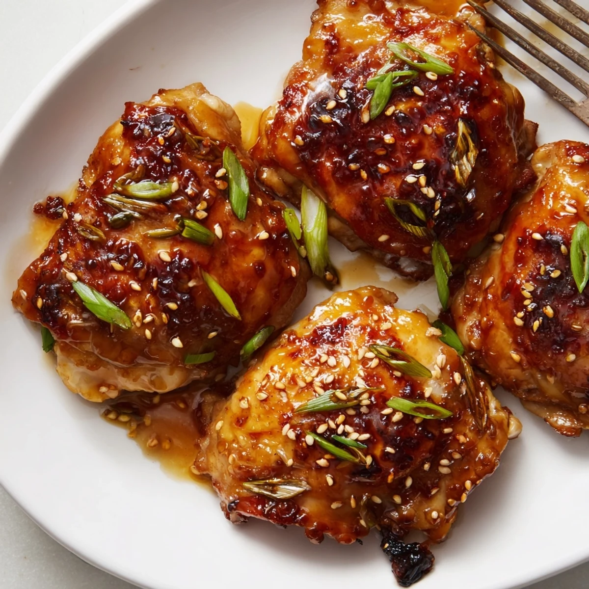 Juicy Japanese-inspired garlic miso chicken served on a white platter with green onion topping