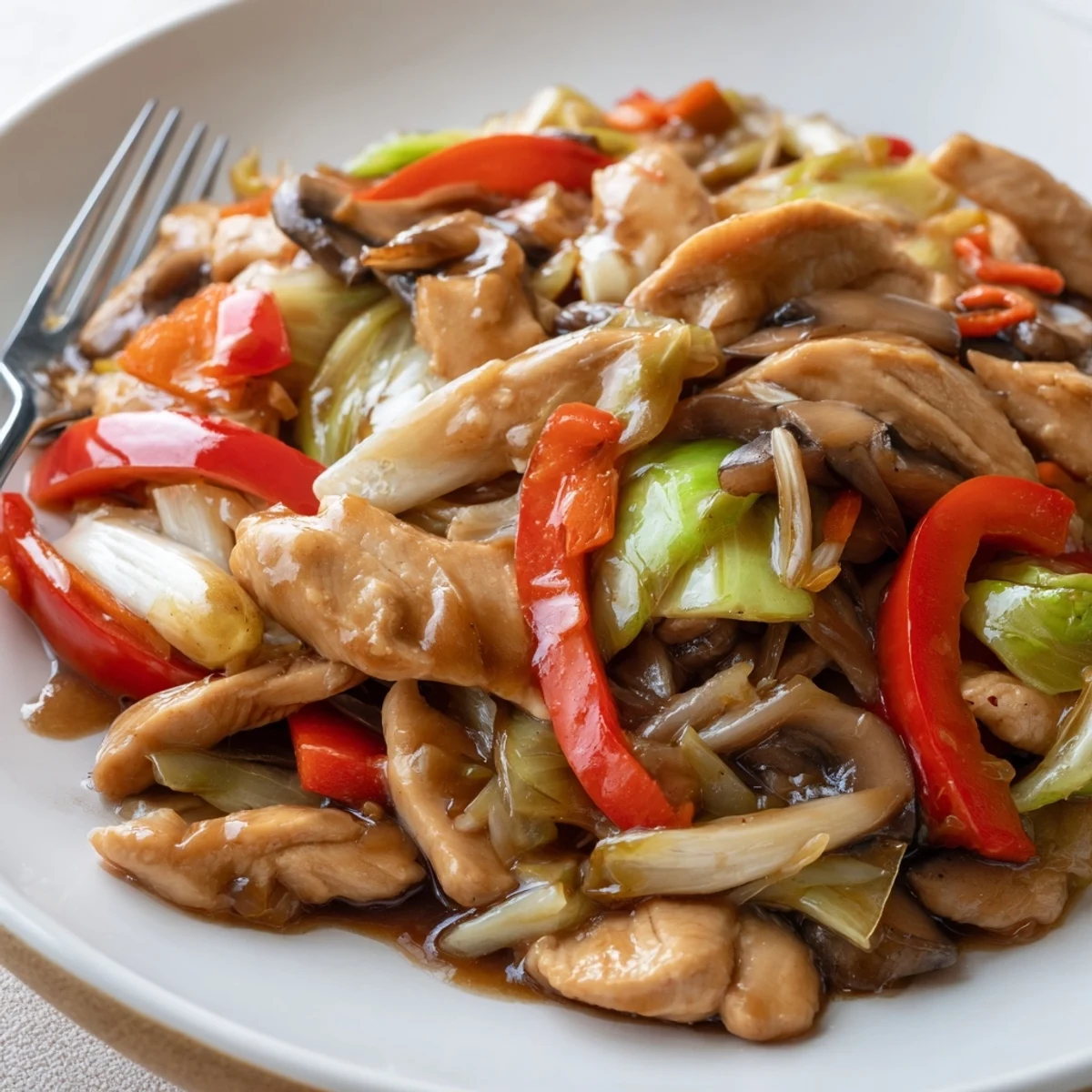 Colorful Chop Suey stir-fry with tender chicken and crisp vegetables in glossy savory sauce over steaming white rice