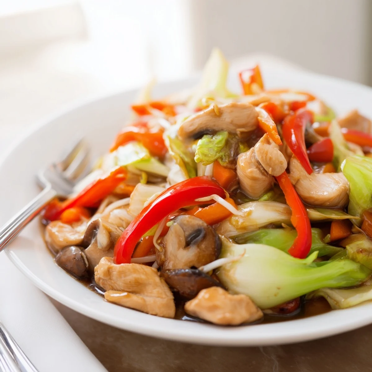 Sizzling wok full of homemade Chop Suey featuring bean sprouts cabbage peppers and sliced meat in rich brown glaze
