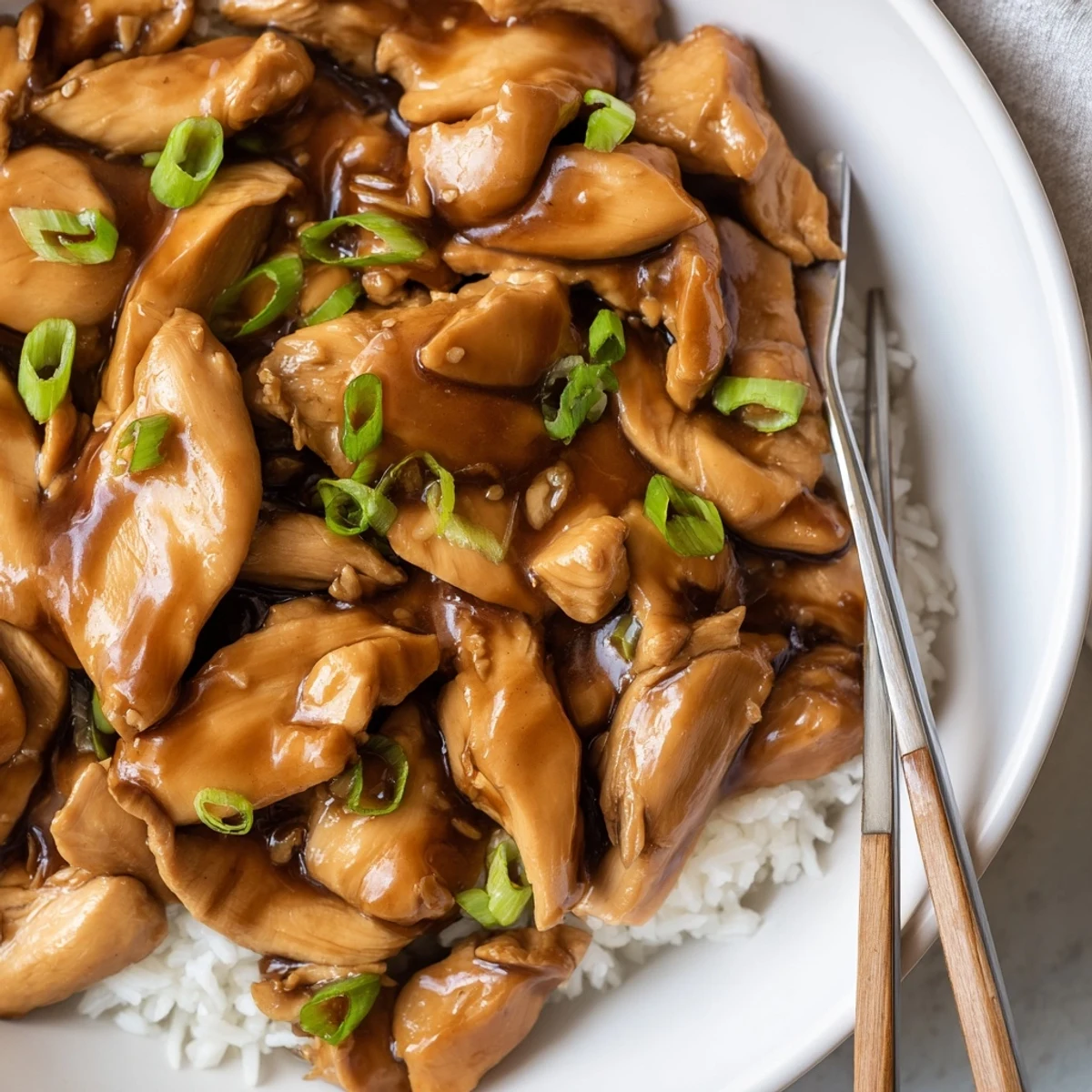 Tender slices of Mongolian chicken glistening in a rich brown hoisin glaze with sesame seeds