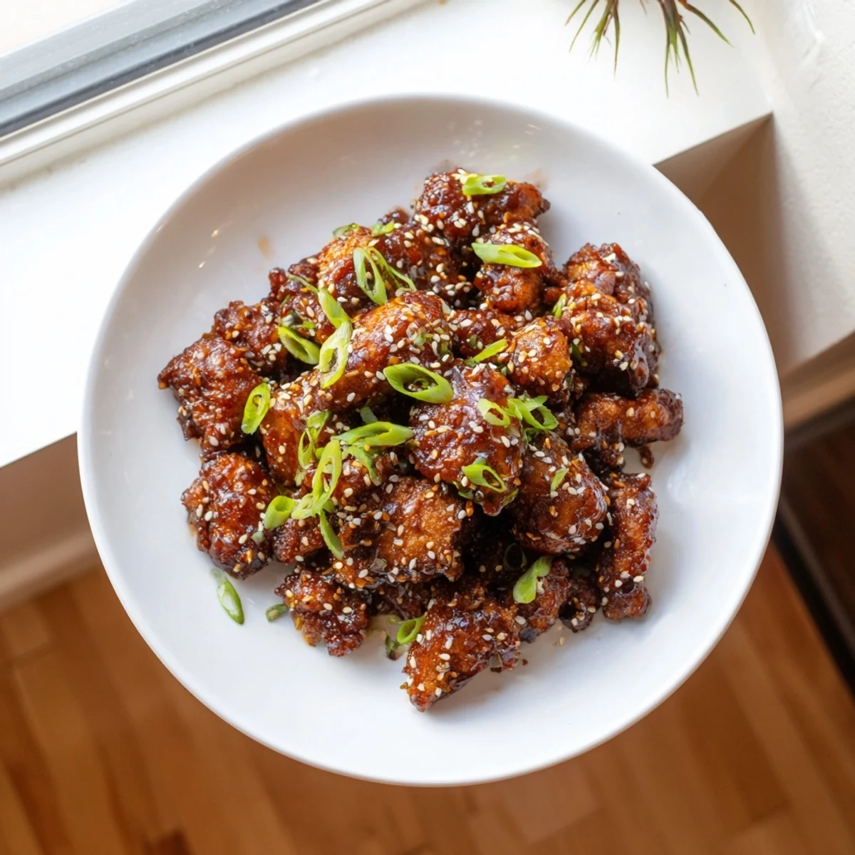 Tender caramelized chicken thighs coated in sweet and spicy gochujang sauce served over white rice.