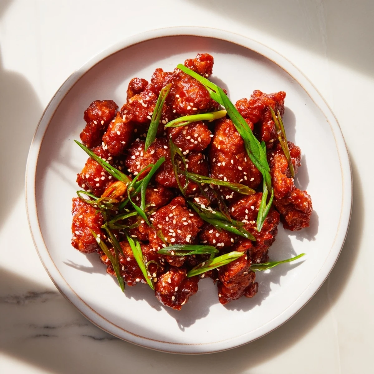 Korean-inspired gochujang chicken with a thick reddish-brown glaze garnished with fresh scallions and toasted sesame seeds.
