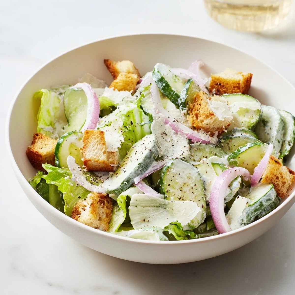 Fresh cucumber Caesar salad with crisp cucumbers, golden croutons, and creamy Parmesan dressing in a white bowl