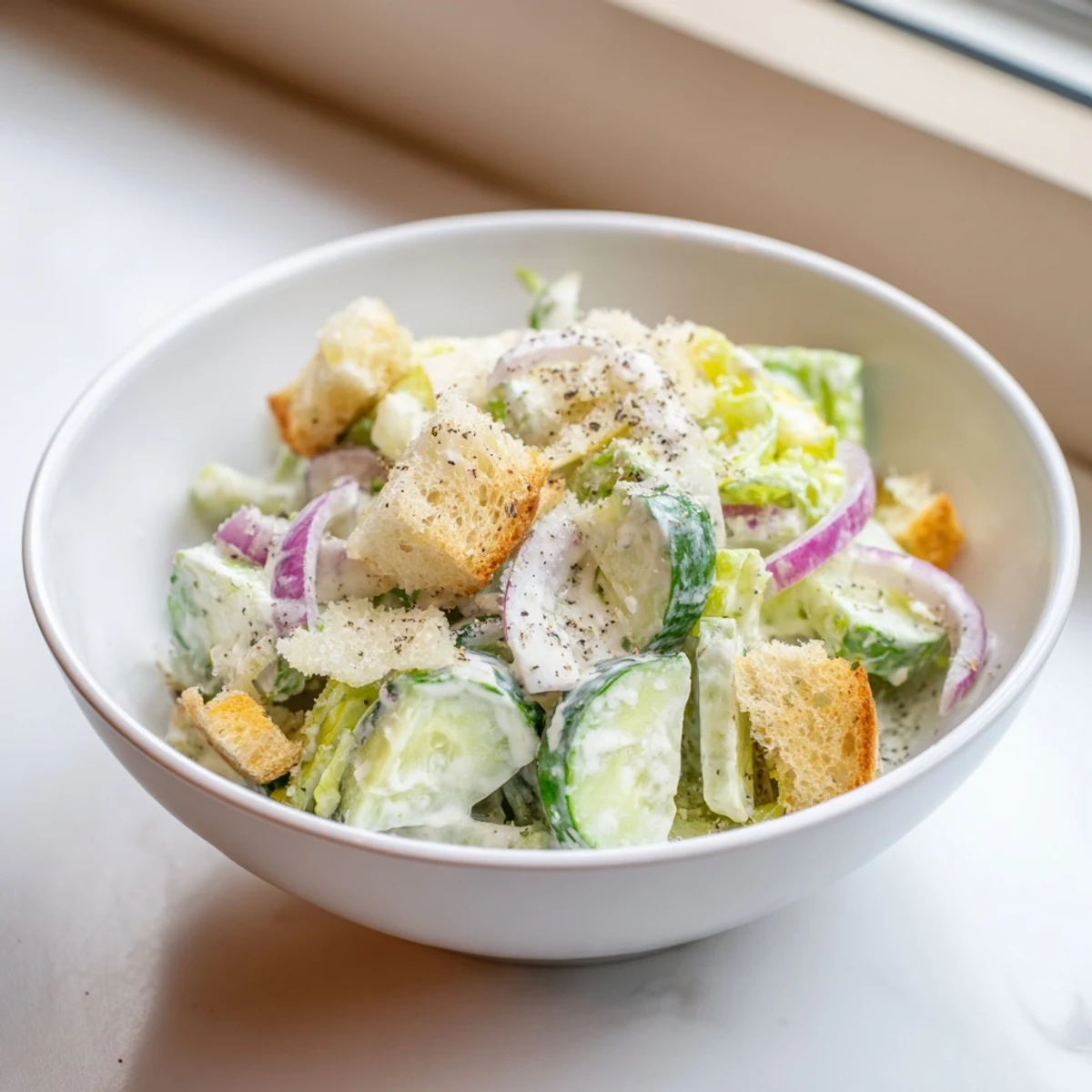 Light and refreshing cucumber Caesar salad tossed with crisp romaine, cucumbers, and golden baked croutons in Parmesan dressing