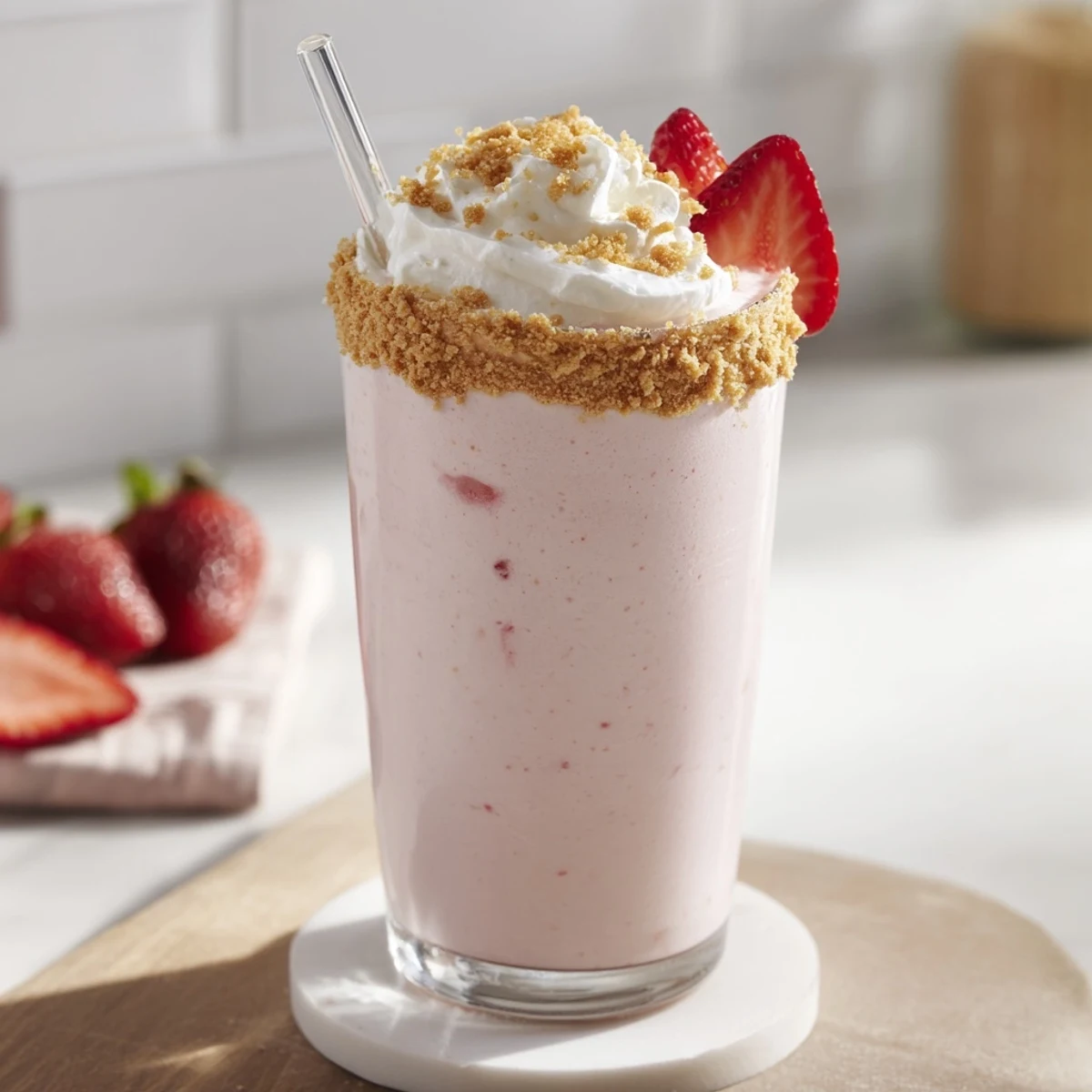 Creamy strawberry cheesecake milkshake garnished with crushed graham crackers and drizzled strawberry sauce