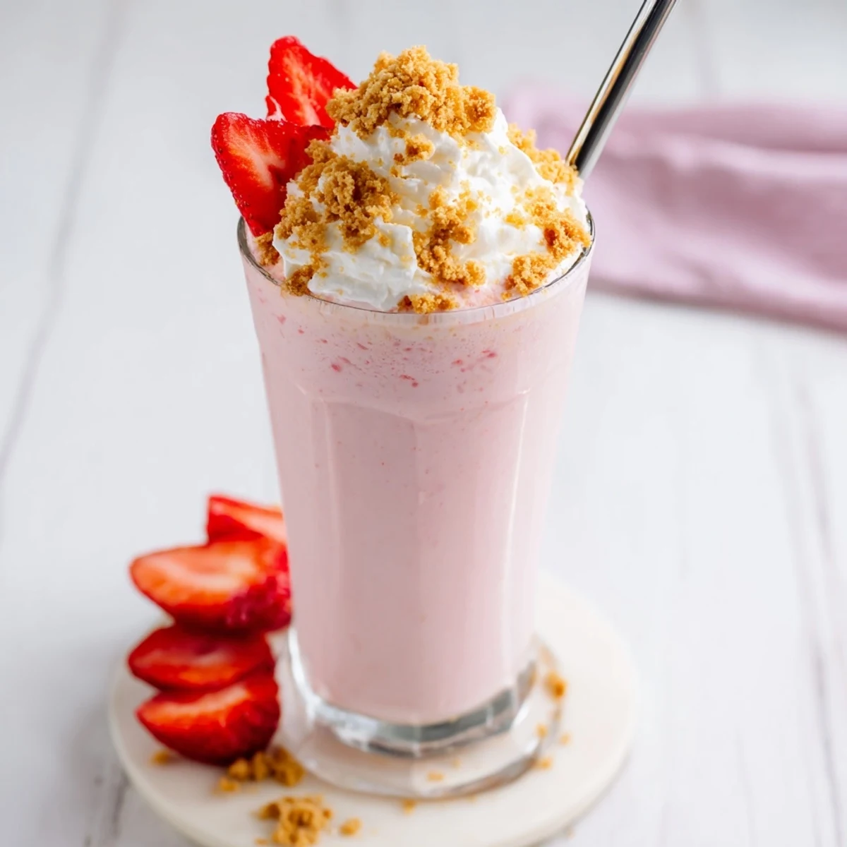 Rich pink strawberry cheesecake milkshake served in chilled glass with whole strawberry garnish