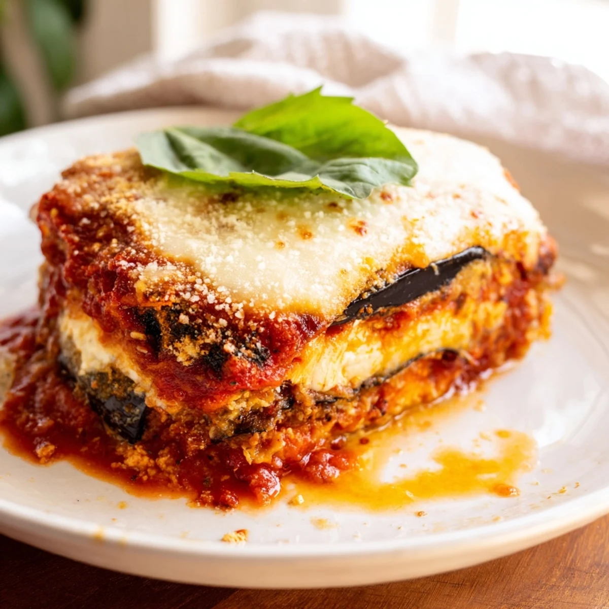 Sliced square of Ricotta Eggplant Casserole served on a rustic wooden board with crusty bread and fresh basil