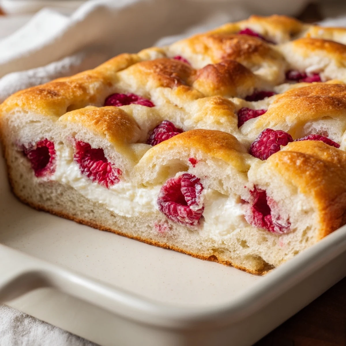 F freshly baked raspberry cheesecake sourdough focaccia featuring dimpled sourdough topped with cream cheese and tart red berries