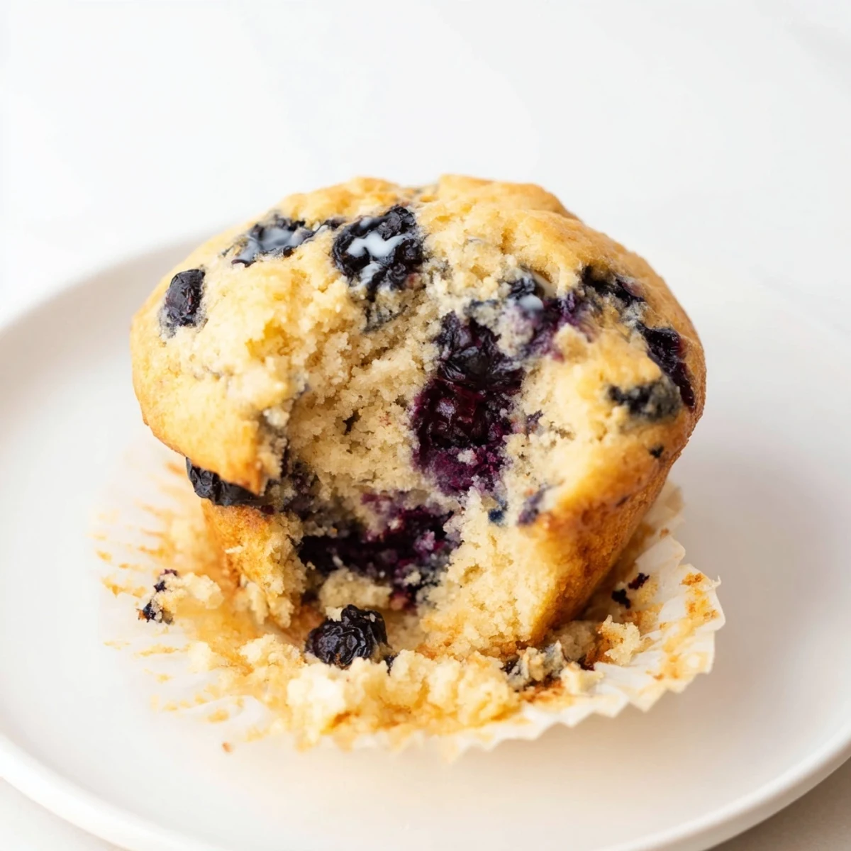 Moist gluten-free almond flour blueberry muffins bursting with fruit on a wire cooling rack