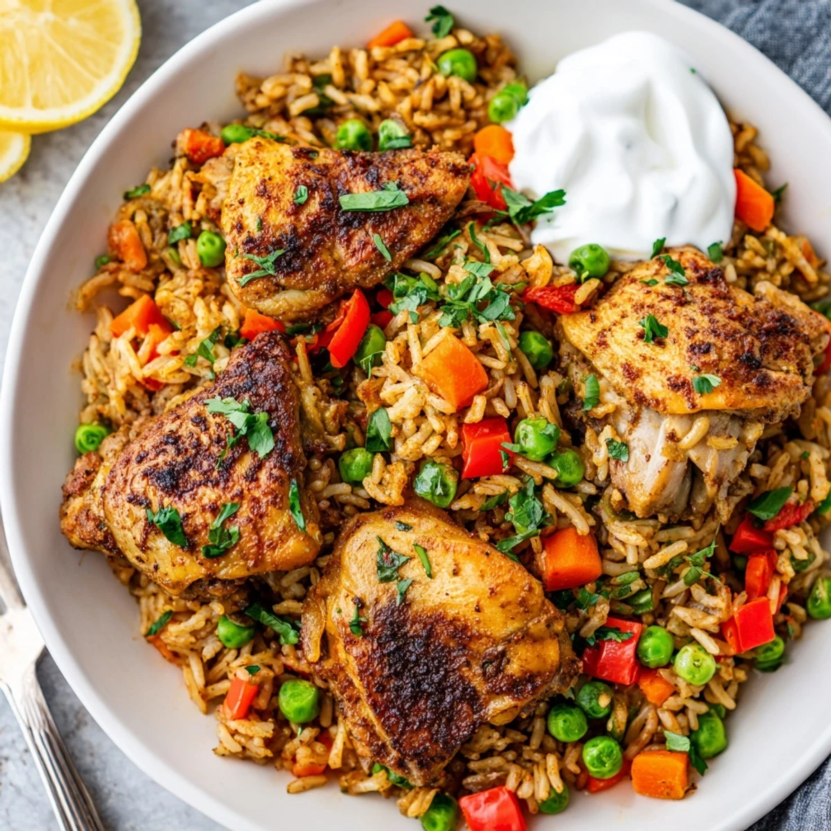 Golden spiced chicken thighs nestled over fragrant yellow rice with colorful diced vegetables in a deep skillet