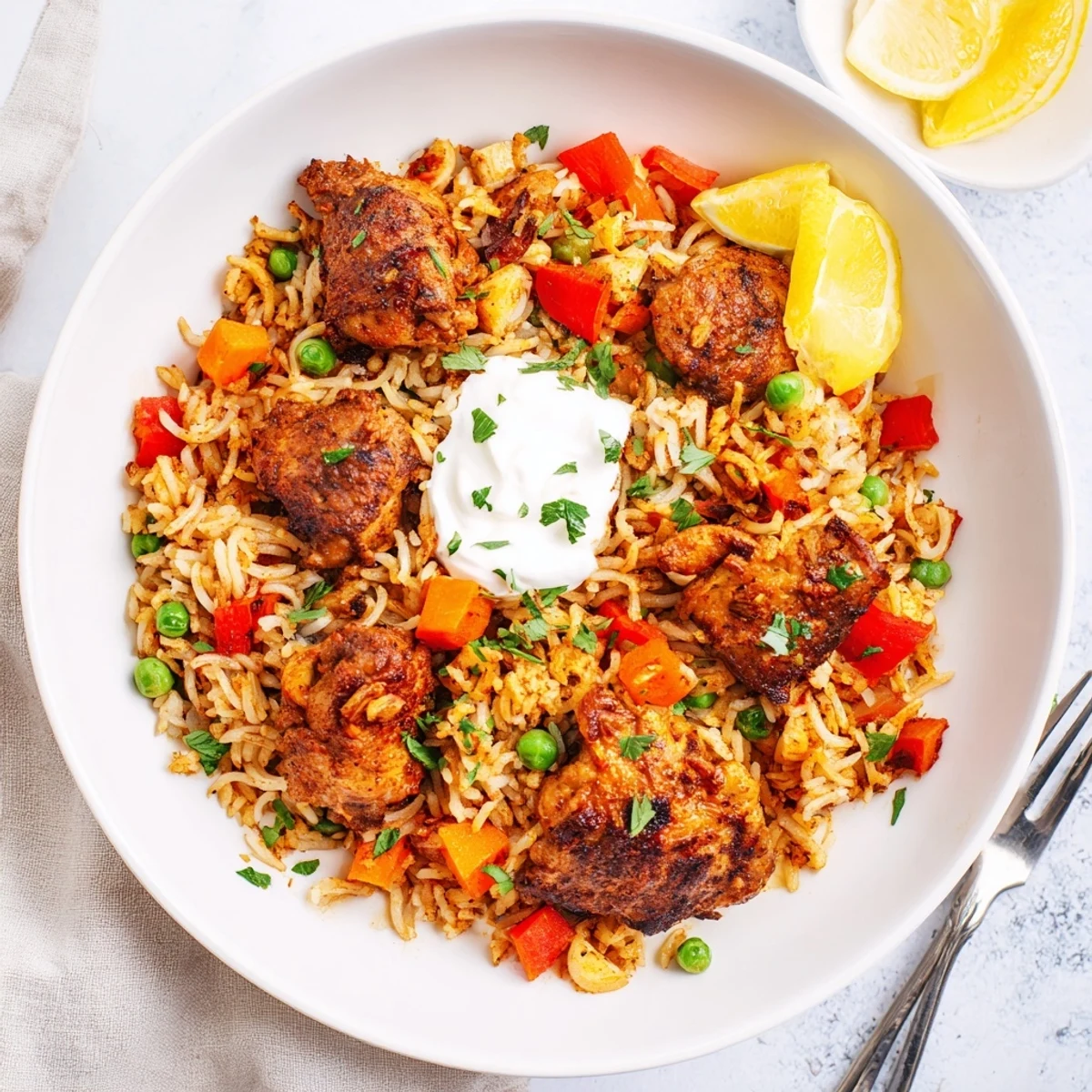 One pot shawarma chicken and rice featuring tender meat pieces mixed with fluffy spiced grains and bright peas